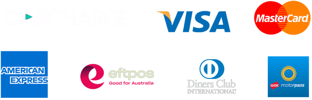 CABCHARGE, VISA, MasterCard, American Express, eftpos, Diners Club, Wax Motorpass